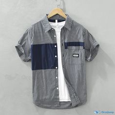 OrcaJump - Contemporary and Stylish Short Sleeve Striped Patchwork Casual Shirt Short Sleeve Patchwork Shirt For Work, Workwear Short Sleeve Patchwork Shirt, Casual Black Shirt With Patchwork, Casual Black Patchwork Shirt, Navy Cotton Casual Short Sleeve Shirt, Casual Crew Neck Shirt With Patchwork, Casual Patchwork Shirt With Crew Neck, Casual Collared Patchwork T-shirt, Casual Collared T-shirt With Patchwork