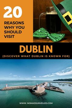 two pictures with the words dublin on them and an image of a green hat, irish flag