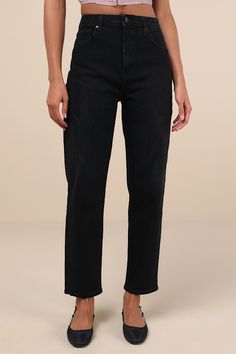 Let the Just Black Authentic Vibes Washed Black High-Rise Tapered Barrel Jeans show off your trend-setting style! Slightly stretchy, washed black denim shapes these effortless jeans with a high-waisted design, complete with belt loops, a five-pocket cut, and a hidden zip fly with a top button closure. The wide, barrel-inspired pant legs fall to tapered hems for an on-trend silhouette. Fit: This garment fits true to size. Length: Ankle length. Size 28 measures 26" from waist to hem. Inseam: 28.00 Versatile Black Mid-rise Jeans, Versatile High Rise Black Jeans, Versatile Black High Rise Jeans, Black High Rise Versatile Jeans, Versatile Black High-rise Jeans, Versatile Black Jeans For Spring, Black Casual Elastane Jeans, Trendy Black Straight Jeans, Versatile Black Relaxed Fit Jeans