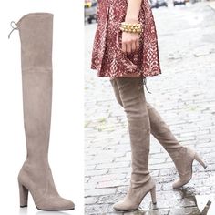 Stuart Weitzman Highland Suede Over-The-Knee Round Toe Boot Gray Taupe Us 8.5 Stuart Weitzman Suede Over-The-Knee Boot. 24"H Stretch Shaft With Leather Tie; 15" Circ. 4.3" Heel. Round Toe. Paneled Stitching At Vamp. Pull-On Style. Leather Insole. Rubber Outsole. "Highland" Is Made In Spain. Gently Used Condition. Some Wear On Suede. Some Wear On Bottom Soles. Scratch On Toe Of Boot. 100% Authentic, Authenticated By The Pros At For The Love Of Luxury. Tags: Over The Knee, Otk, Sock Boots, Stocking Boots, Tall Boots, Heeled Boots, Heel Boots, Autumn, Fall, Winter, Minimalist, Neutral, Taupe, Gray, Grey, Tight Boots Stocking Boots, Tight Boots, Stuart Weitzman Highland, Boots Tall, Boots Heel, Leather Tie, Wearing All Black, Sock Boots, Fashion Fail