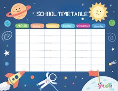 a school timetable with space and rockets on it