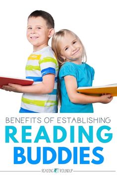 two children are holding books with the title benefits of esthabishing reading buddies