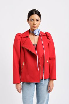 Eliza Faulkner Designs Inc. Jackets Valentine Moto Coat Wool Blend Red Luxury Red Punk Outerwear, Luxury Red Outerwear With Single Button, British Punk, Puffy Sleeves, Off Black, Gold Zipper, Outerwear Coats, Moto Jacket, Vest Jacket