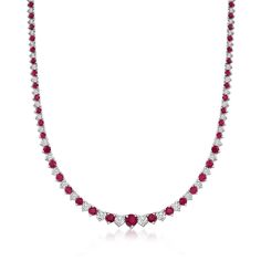 9.00 ct. t.w. Ruby and 1.50 ct. t.w. Diamond Tennis Necklace in Sterling Silver | Ross-Simons Classic Diamond Tennis Necklace With Gemstones, Fine Jewelry Ruby Diamond Necklace Brilliant Cut, Luxury Red Diamond Round Necklace, Luxury Red Round Diamond Necklace, Luxury Red Diamond Necklace, Luxury Round Gemstone Tennis Necklace, Ruby Necklace With Brilliant Cut, Brilliant Cut Ruby Necklace In Round Shape, Elegant Round Gemstone Tennis Necklace