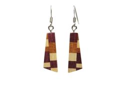 "This is a pair of unique earrings handmade from beautiful natural woods. The woods used to create these earrings are purpleheart, cherry, and maple. They are completely free of dyes and stains. The colors are the natural colors of the species of wood.  They are finished with four coats of hand rubbed polyurethane for beauty and protection and hand polished with wax to highlight the natural beauty of the color and grain of the wood.  The wood is 1 1/8\" long,  3/8\" at its widest point, and 1/8\" thick. The earrings are very lightweight! The hooks are surgical stainless steel, which is hypoallergenic and won't tarnish. All of my earrings are crafted by hand. Because of the method I use, you can be sure that no two pairs are ever identical.  The pair you will receive is the one pictured and Brown Geometric Earrings Gift, Brown Geometric Earrings As Gift, Handmade Brown Geometric Earrings, Buffalo Ny, Wood Earrings, Natural Colors, Handmade Wood, Unique Earrings, Earrings Handmade