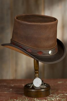 Inspired by 19th century fashion, the Steampunk Leather Topper makes a tall, dark statement at the party or pub. Free shipping + returns. Top Hat Drawing, Leather Top Hat, Steampunk Top, Brown Leather Top, Steampunk Top Hat, Steampunk Leather, Steampunk Hat, For Him Gifts, Him Gifts