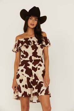 Made For This Off-Shoulder Cow Print Dress – Idyllwind Fueled by Miranda Lambert Cow Print Dress, Cow Print Pattern, Cow Dress, Dress Hats, Denim Outfit, Cow Print, Print Pattern, Denim Top, Dress With Boots