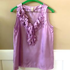 Worn Once. J Crew 100% Silk Sleeveless Lavender Blouse With Ruffle Detail. Looks Brand New Chic Purple Tank Top For Spring, Purple Sleeveless Blouse For Spring, Spring Lavender Sleeveless Tank Top, Lavender Sleeveless Tank Top For Spring, Spring Purple Tank Top, Purple Tank Top For Spring, Casual Purple Sleeveless Blouse, Casual Sleeveless Purple Blouse, Lavender Blouse