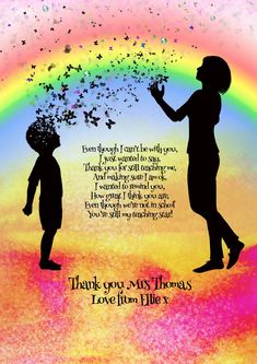 the silhouettes of two children are in front of a rainbow colored background with words written below