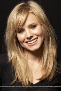 Long layers with side bangs. Kristin Bell, Layered Thick Hair, Wigs For White Women, 2023 Hair, Swept Bangs, Bangs With Medium Hair, Popular Haircuts, Side Bangs, Long Blonde