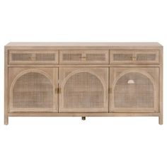 the sideboard is made out of wood and has two doors, one with an arched design