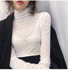 Sexy Long Sleeve Moon Pattern See Through Turtleneck Shirt – Nada Outfit Land White Trendy Turtleneck Top, Trendy White Turtleneck Top, White High Neck Top For Layering, Lace Turtleneck, Women Turtleneck, Moon Pattern, Turtleneck Shirt, Shirts Women Fashion, Women Tshirt