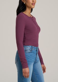 About Our Long Sleeve Ribbed Crewneck Women's Tall Henley Shirt Both a basic and a favorite, the Henley shirt has been around for over 100 years. It originally gained popularity as sportswear, as it was comfortable, clean, and free of a cumbersome collar. Over time, it became a staple wardrobe piece for both men and women for the same reasons. We know the challenge of shopping for women’s tall long-sleeve shirts. That’s why we’ve designed this women’s tall Henley shirt specifically for ladies fr Casual Fitted Henley Neckline Top, Fitted Henley Neckline Top For Everyday, Classic Purple Crew Neck Top, Cotton Ribbed Top With Henley Neckline, Trendy Purple Everyday Top, Everyday Ribbed Henley Neckline Tops, Classic Fitted Tops With Henley Neckline, Everyday Ribbed Henley Tops, Casual Ribbed Top With Henley Neckline