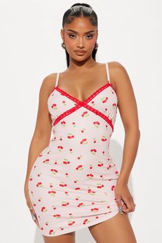 Available In Pink/combo. PJ Sleep Dress Adjustable Straps Contrast Lace Trim Bow Detail Cherry Print Stretch Final Sale Disclaimer: Print Placement May Vary 95% Polyester 5% Spandex Imported | Sweet As Can Be Ribbed PJ Cami Sleep Dress in Pink size Medium by Fashion Nova Sleep Dress, Cherry Print, Print Placement, Casual Style Outfits, Lingerie Sleepwear, Matching Dresses, Bow Detail, Pink Dress, Dresses For Sale