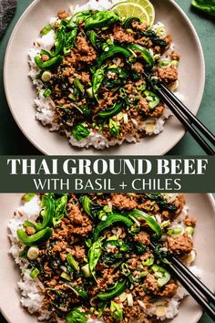 thai ground beef with basil and chiles served on rice