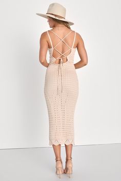 Stroll through the streets like you own them in the Lulus Ventura Vision Beige Crochet Lace-Up Midi Dress! Trendy loose crochet, atop a stretch-knit lining, shapes this sweet summer dress with a square neckline that's supported by slender straps that lace down the back and tie. The figure-hugging silhouette continues down to a scalloped midi hem. Pair with your favorite strappy heels for the perfect date night look! Fit: This garment fits true to size. Length: Mid-calf length. Size medium measur Spring Crochet Trim Midi Crochet Dress, Chic Crochet Midi Dress With Crochet Trim, Summer Crochet Dress In Pointelle Knit, Summer Crochet Dress With Pointelle Knit, Summer Crochet Pointelle Knit Dress, Chic Stretch Crochet Dress For Spring, Summer Crochet Lace Dress For Day Out, Chic Summer Crochet Dress With Pointelle Knit, Chic Crochet Dress With Pointelle Knit For Summer