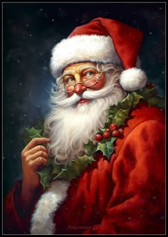 a painting of santa claus holding holly berries