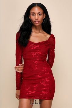 You're sure to get more than a few compliments in the Lulus Sultry Occasion Wine Red Mesh Floral Long Sleeve Mini Dress! Stretchy mesh, with floral accents throughout, shapes long fitted sleeves with elastic at the shoulders. Bodice has a subtle sweetheart neckline and a draped detail at the front. Fitted waist tops a bodycon skirt that falls to a mini hem. Hidden zipper/clasp at back. Fit: This garment fits true to size. Length: Mid-thigh. Size medium Bust: Great for any cup size. Waist: Fitted Long Sleeve Hoco Dress, Red Long Sleeve Mini Dress, Red Mesh Dress, Mesh Floral Dress, Bustier Mini Dress, Orange Mini Dress, Floral Bustier, Red Long Sleeve Dress, Bustier Dress