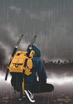 a person with a yellow backpack and two swords on their back, in the rain