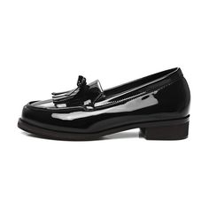 Black Tassel Loafers With Flat Heel For Business, Black Tassel Loafers With Round Toe, Classic Black Flat Tassel Loafers, Black Round Toe Tassel Loafers For Office, Formal Tassel Loafers With Round Toe For Spring, Spring Office Tassel Loafers With Closed Toe, Spring Patent Leather Loafers With Low Heel, Patent Leather Low Heel Loafers For Fall, Black Casual Tassel Loafers With Almond Toe