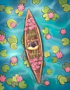 a painting of a boat with flowers floating on water