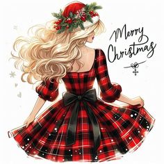 a woman wearing a red and black plaid dress with a christmas wreath on her head