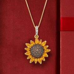 Ross-Simons - 1.70ct t. w. Citrine, .80ct t. w. Smoky Quartz, .10ct t. w. White Topaz Sunflower Pendant Necklace Over Sterling. 18". Sunny and bright, this sunflower pendant necklace will always be able to put a smile on your face. 1.70 ct. t. w. marquise and pear-shaped citrine petals crown the seed-like .80 ct. t. w. smoky quartz in black rhodium center. Crafted in polished 18kt yellow gold over sterling silver. .10 ct. t. w. white topaz single bale suspends from a box chain with a 2" extender Scarecrow Oc, Sunflower Things, Oz Scarecrow, Future Jewelry, Sunflower Jewelry, Sunflower Pendant, Sunflower Necklace, Detailed Necklace, Citrine Necklace