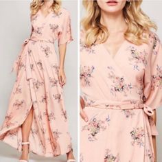 New Peach Dress With Bird And Floral Design. Has A Tie Waist Peach V-neck Spring Dress, Feminine Spring Maxi Dress, Feminine Blush V-neck Maxi Dress, Chic Peach Floral Print Maxi Dress, Summer Peach Floral Print Maxi Dress, Pink Backless Maxi Dress For Spring, Chic Peach Maxi Dress With Floral Print, Summer Blush Flowy Dress, Blush Short Sleeve Summer Dress