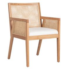 a wooden chair with a white cushion on it's back end and armrests