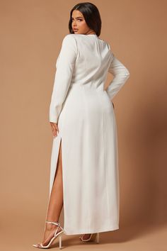 Available In White. Maxi Dress Long Sleeve Plunge Neckline Hardware Detail Side Slits Hidden Back Zipper Lined Non Stretch Shell: 100% Polyester Lining: 95% Polyester 5% Spandex Imported | Roxanna Maxi Dress in White size XS by Fashion Nova Formal V-neck Maxi Dress With Split Design, Formal Maxi Dress With V-neck And Split Design, Elegant Long Sleeve Dress With Split Design, Elegant Solid Color Split Dress, White Fitted Maxi Dress With Split, White Fitted Split Maxi Dress, Elegant Maxi Dress With Split Hem For Date Night, Fitted Long Sleeve Maxi Dress With Split Design, Elegant Split Maxi Dress