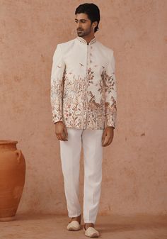 Off White Embellished Jodhpuri Set Kalpraag - Fabilicious Fashion Jodhpuri Wedding Suit, Men’s Haldi Outfit, Wedding Outfit Indian Men, Mehndi Outfit For Groom, Engagement Outfit For Men Indian, Designer Fitted Bandhgala With Floral Embroidery, Fitted Unstitched Suit With Floral Embroidery For Reception, Fitted Bollywood Bandhgala With Floral Embroidery, Fitted Silk Bandhgala With Chikankari Embroidery