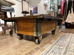 Reclaimed Industrial Wooden Coffee Table Cart // ONH Item 4449 Dark Industrial, Cart Coffee Table, Wooden Trunks, Iron Coffee Table, Industrial Coffee Table, Wall Trim, Old New House, Wooden Coffee Table, Old Doors