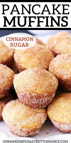 cinnamon sugar muffins stacked on top of each other with the title overlay