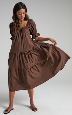 Zaharrah Dress in Chocolate Linen Look | Showpo Affordable Brown Cotton Dress, Brown Tiered Midi Dress For Spring, Spring Brown Tiered Midi Dress, Chic Brown Tiered Midi Dress, Brown Tiered Skirt Summer Dress, Brown Tiered Midi Dress For Summer, Brown Tiered Dress For Vacation, Flowy Tiered Brown Dress, Flowy Brown Tiered Dress