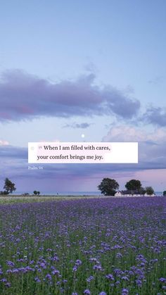 a field full of purple flowers with a quote on the side that says, when i am filled with roses, your comfort brings me joy