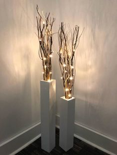 two white vases with branches and lights in them sitting on a carpeted floor