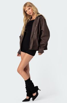 This oversized jacket made from soft faux leather is sure to be a go-to style for layering over wardrobe favorites. 26" length (size Small) Notched collar Adjustable snap cuffs 100% polyurethane Hand wash, dry flat Imported Faux Leather Jacket Women, Brown Faux Leather Jacket, Cropped Moto Jacket, Faux Suede Moto Jacket, Faux Shearling Jacket, Faux Leather Biker Jacket, Faux Suede Jacket, Faux Leather Moto Jacket, Aviator Style