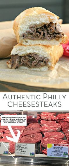 the beef sandwich is cut in half and stacked on top of each other with cheesesteaks