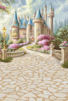 a painting of a castle with pink flowers