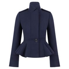 Designed by Sarah Burton for the Alexander McQueen Pre-Fall 2015 collection. Tailored/fitted. Peplum. Cropped. Military style. Epaulettes at shoulders. Bell style cuffs can be worn down or cuffed up. Jacket can be fully buttoned up to neckline with concealed snap closures. High neck. "Alexander McQueen” etched around 2 waist buttons. Made in Italy. *Pants not included in sale. Condition: Pre-Owned. Excellent condition. Minor areas of spotting to the lining. Photos taken for condition report. Siz