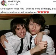 two young men hugging each other in front of a tweet post with the caption, my daughter loves him, i think he looks a little gay but whatever makes my princess happy