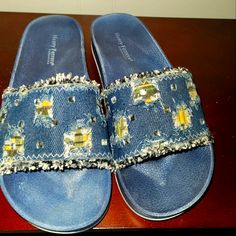 Blue Jean Slip On Summer Sandals. Never Worn. Size 8 1/2 Blue Denim Sandals For Vacation, Blue Denim Beach Sandals, Blue Denim Sandals For The Beach, Blue Flat Slides For Summer, Denim Flat Sandals For Beach, Flat Blue Slides For Summer, Flat Denim Sandals For Beach, Denim Slip-on Sandals For The Beach, Trendy Blue Denim Sandals