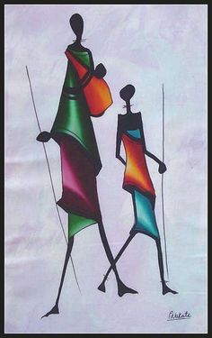 a painting of two people with skis and poles