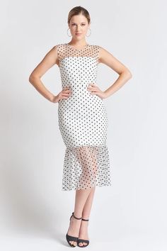 Muse Dress - Sleeveless polkadot midi mesh dress – Simona Maghen Fitted Swiss Dot Midi Dress, Chic Fitted Swiss Dot Midi Dress, Fitted Polka Dot Midi Dress With Swiss Dot Details, Polka Dot Swiss Dot Midi Dress, Fitted Sleeveless Mesh Midi Dress, Fitted Knee-length Dresses With Swiss Dot, Spring Party Midi Dress With Swiss Dot, Fitted Knee-length Swiss Dot Dresses, Fitted Swiss Dot Knee-length Dresses