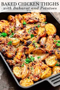 baked chicken thighs in a pan with onions and potatoes