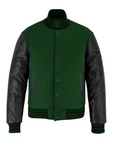 Varsity Letterman Baseball Forest Green Wool and Black Genuine Leather Sleeves Jacket with Black Trim If your required Size & Color Combination is not listed then please contact with us We will respond you as soon as possible the estimated time is 12 Hours, All Sizes & Color Combinations are Available. The quality of the varsity jacket is the finest in the field. 100% high quality Wool. A fine quilt lining with Wool trimmed inside pocket are all part of the complete package. Each varsity jacket Classic Green Outerwear With Ribbed Cuffs, Winter Black Outerwear With Contrast Collar, Black Varsity Jacket With Contrast Collar For Winter, Fitted Black Leather Jacket For College, Classic Winter Outerwear With Contrast Trim, Black Leather Jacket With Contrast Collar For Winter, Black Leather Jacket With Contrast Collar For Fall, Fitted Black Varsity Jacket With Padded Collar, Black Outerwear With Contrast Trim For Streetwear