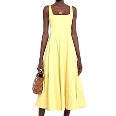 The Gorgeous Staud Wells Midi Dress Reimagines Old Hollywood Glamour With Its Figure-Flattering, Corset-Style Bodice & Pleated A-Line Skirt. In Sunray, A Beautiful Shade Of Pastel Yellow, The Elegant Skirt Is A Perfect Length For Special Occasions, While The Fitted Top Is Sure To Get You Noticed. Pair With Your Favorite Accessories & Heeled Sandals For A Chic Cocktail Look. Featuring A Square Neckline & Concealed Back Zipper. Made Of Lightweight Cotton Poplin With Some Stretch, 98% Cotton, 2% Sp Staud A-line Dresses For Spring, Staud Summer A-line Dress, Elegant Yellow Midi Dress With Square Neck, Elegant Yellow Square Neck Midi Dress, Staud Sleeveless Spring Maxi Dress, Sleeveless Staud Maxi Dress For Spring, Summer Maxi Dress By Staud, Staud Summer Maxi Dress, Staud Maxi Dress For Summer