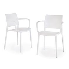 two white chairs sitting next to each other on a white surface with no one in it