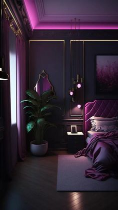 a bedroom with purple lighting and a large bed in the center, along with a potted plant