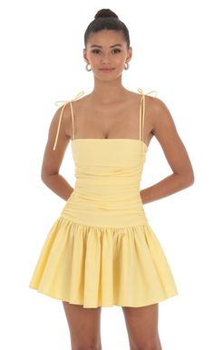 Ruched Fit and Flare Dress in Yellow | LUCY IN THE SKY Hoco Dresses Yellow, Yellow Hoco Dress, Yellow Homecoming Dresses, Cute Yellow Dresses, Cotillion Dresses, Cute Formal Dresses, Cute Homecoming Dresses, Rush Dresses, Pretty Prom Dresses